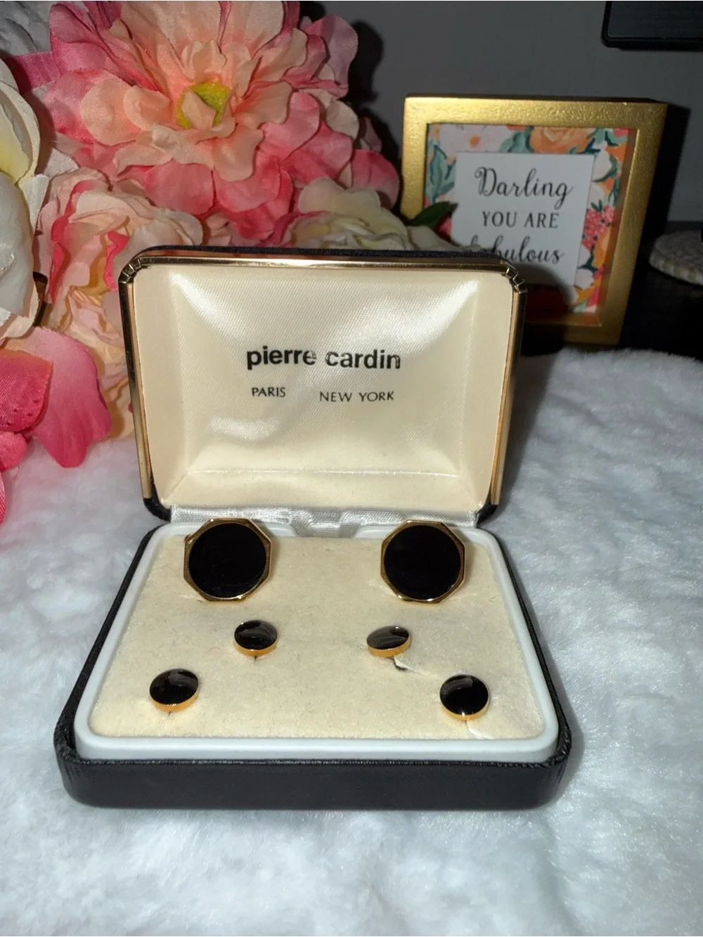 Pierre Cardin Vintage Cufflinks & Shirt Studs Set Black Gold Tone Boxed